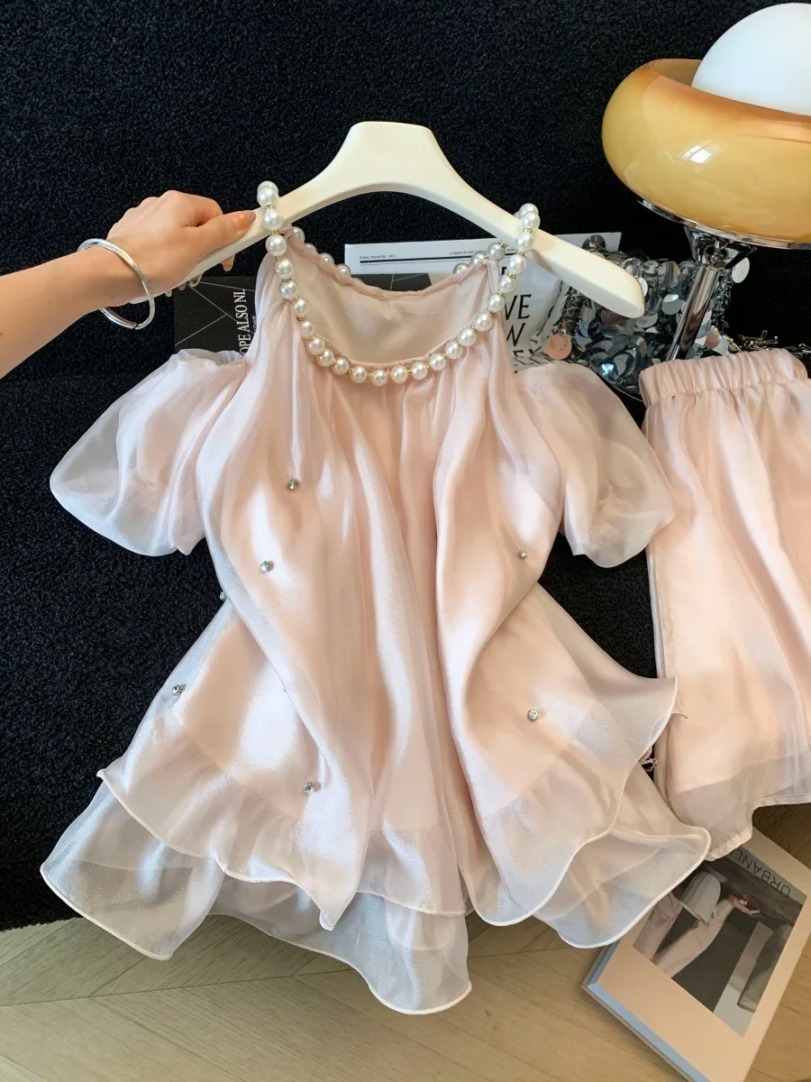

Pearl Necklace Shoulder Bared Short Sleeve Women's Summer Design Diamond Embedded Lace Chiffon Top Korean Style Bubble Sleeve