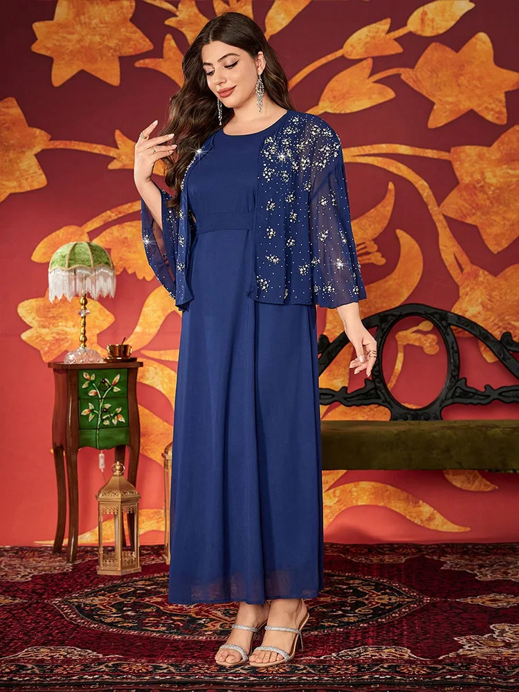 ชุดมุสลิมสำหรับผู้หญิง 2 ชิ้น เสื้อคลุมกิโมโนประดับลูกปัด ชุดเดรสยาว ดูไบ อบายา ตุรกี คาฟตัน เสื้อผ้าอิสลามสุดหรู ชุดคลุมคาฟตันสำหรับผู้หญิง