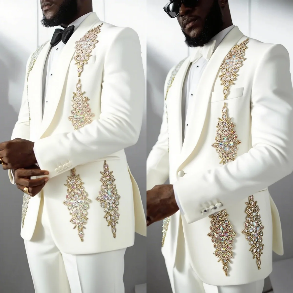 Luxury Men Wedding Suits Appliques Shawl Lapel Single Breasted Tuxedos Groom Business 2 Psc Blazer Pants Custom Made