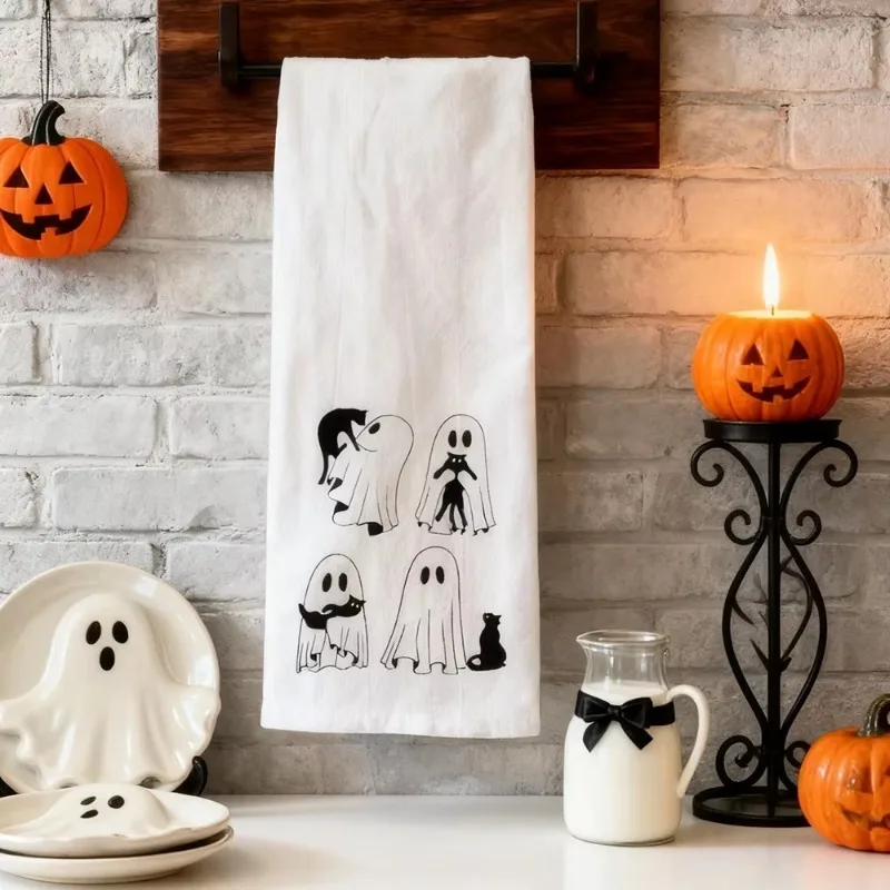 Spooky Friends Halloween Tea Towel Ghost Hand Towel Flour Sack Towel Halloween Kitchen Decor Housewarming Gift for Cat Lover