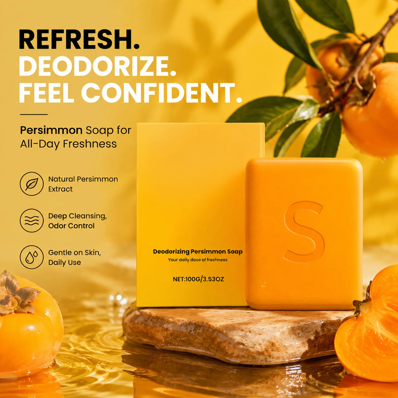 100g Persimmon Deodorant Body Soap Green Tea Oil Gentle Cleansing Moisturizing Odor Control Daily Bath Shower Bar