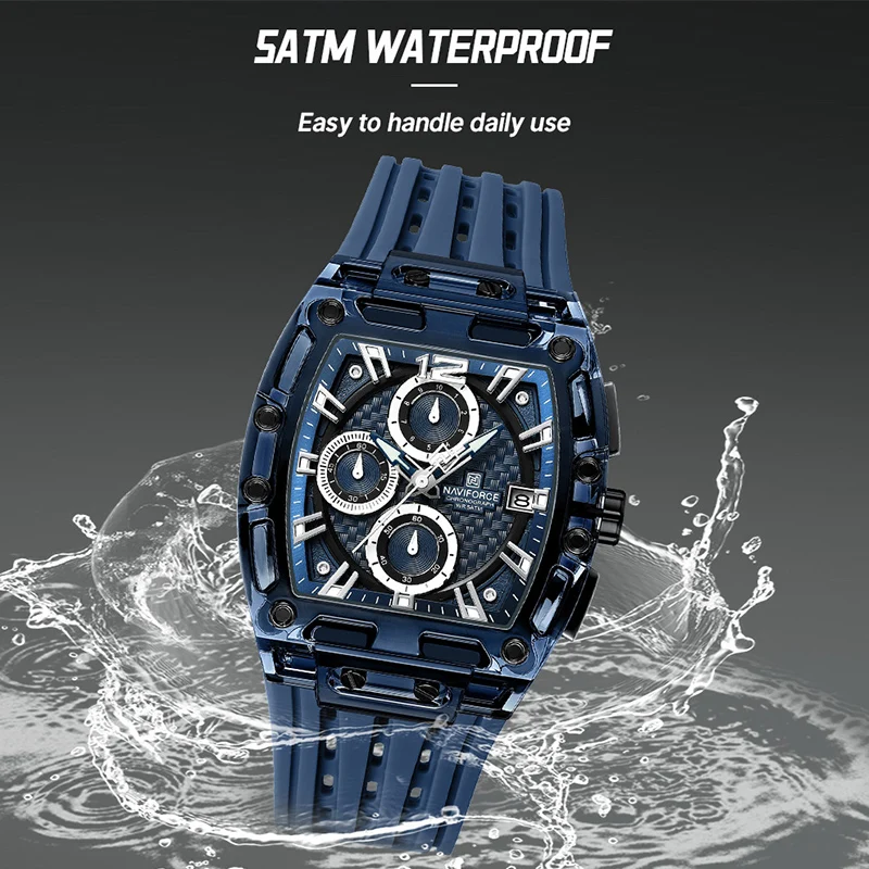 NAVIFORCE New 5ATM Waterproof Original Men Watches Sport Quartz Multifunction Silicone Band Fashion Square Case WristWatch 2025