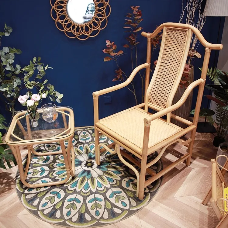 High-End Natural Rattan Chair Tea Table Combination with Backrest for Balcony Leisure Area for Home Living Room