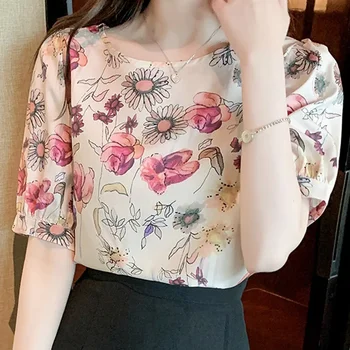 여성용 프린트 풀오버 쉬폰 셔츠, 반팔, 루즈한 블라우스, O넥 빈티지 시크, 통근 상의, 여름 패션