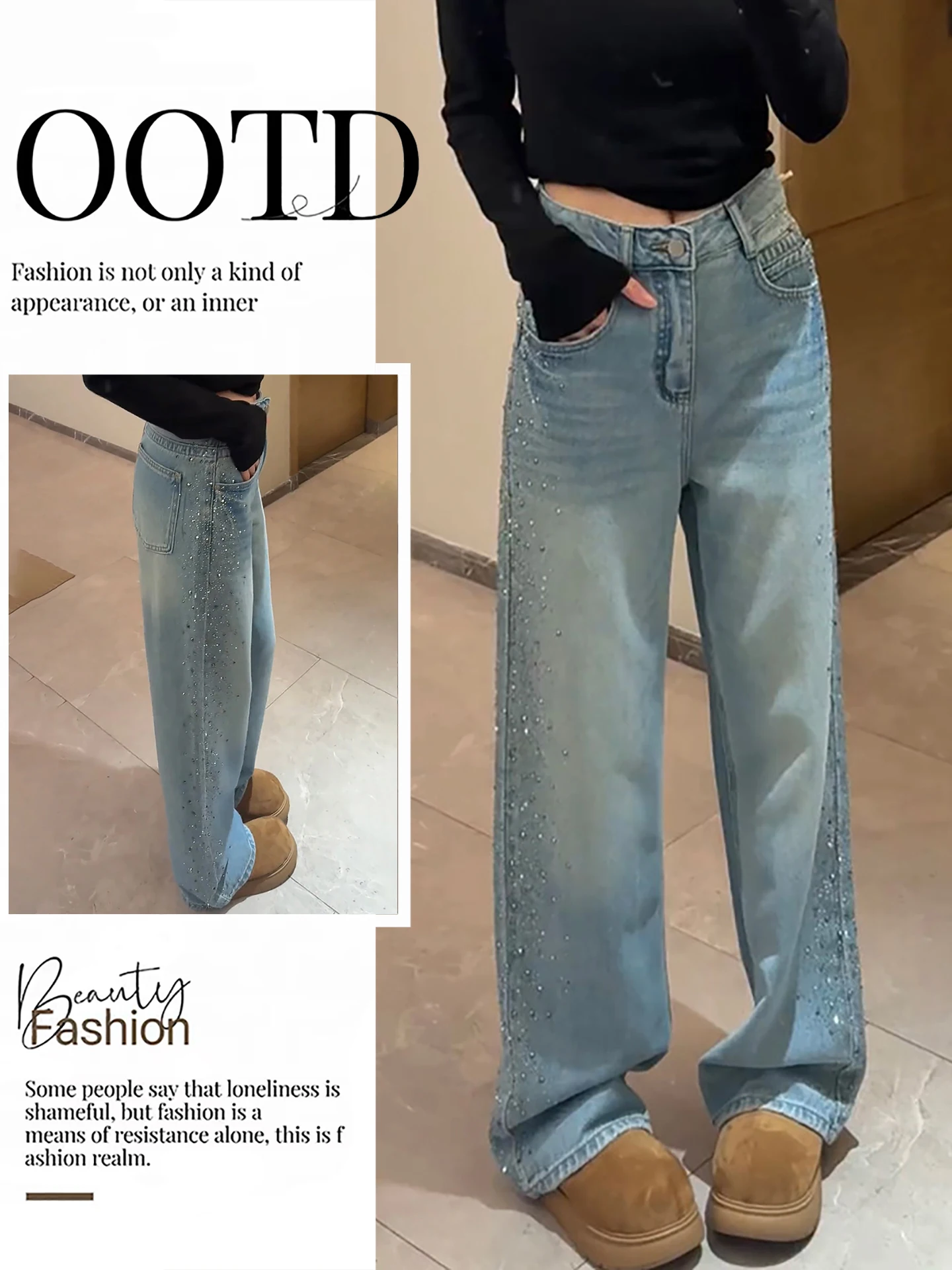 

Heavy Du Glittering Diamond High Waist Wide Leg Jeans Women's Spring 2026 New Sle Casual Straight Loose Long Pants
