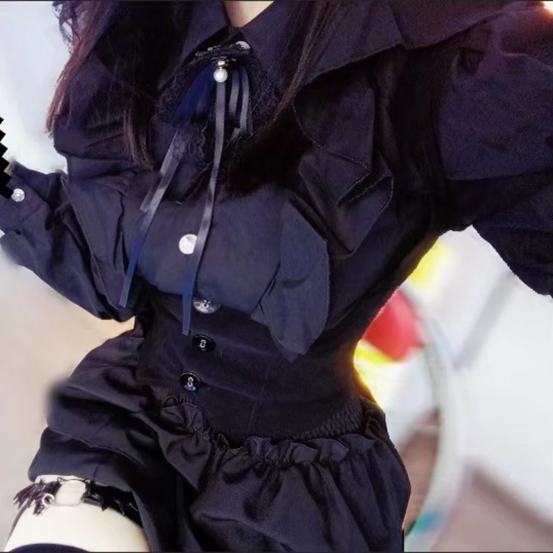 

Autumn French Diamond-encrusted Three-dimensional Ruffle Edge Splicing Pleated Long-sleeved Shirt Women's Single-breasted Shirt