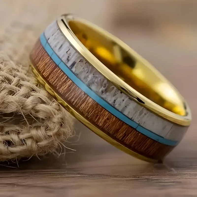 Cool 8mm Silver Color Camo Pattern Inlay Ring for Men