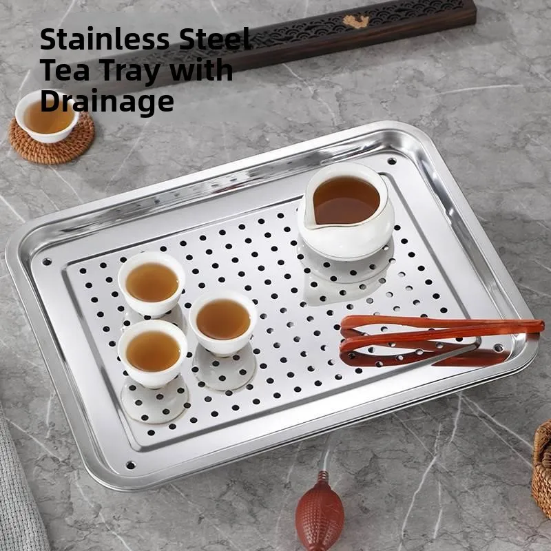 

Поднос для чая из утолщенной нержавеющей стали прямоугольной формы с дренажем, для дома и офиса, малый и большой размеры