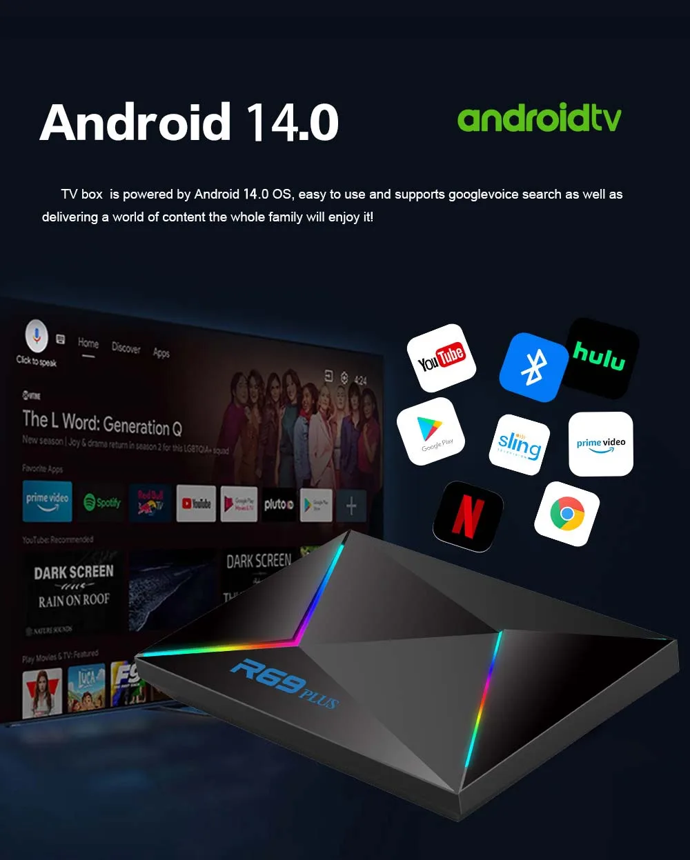 صندوق تلفاز R69Plus يعمل بنظام Android 14، ومزود بشبكة Wifi6، وإصدار عالمي، ومعالج Allwinner H728 ثماني النواة، وشبكة Lan 1000M، وبلوتوث 5، وفك تشفير 8K، وChromecast