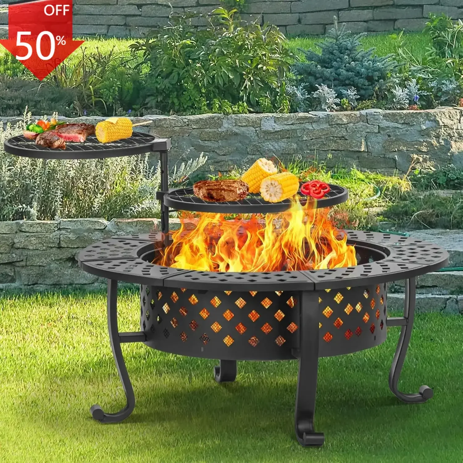 

42 Inch Fire Pit with 2 BBQ Grills, Wood Burning Fire Pits for Outside with Lid & Fire Poker, BBQ& Outdoor Firepit Round Metal