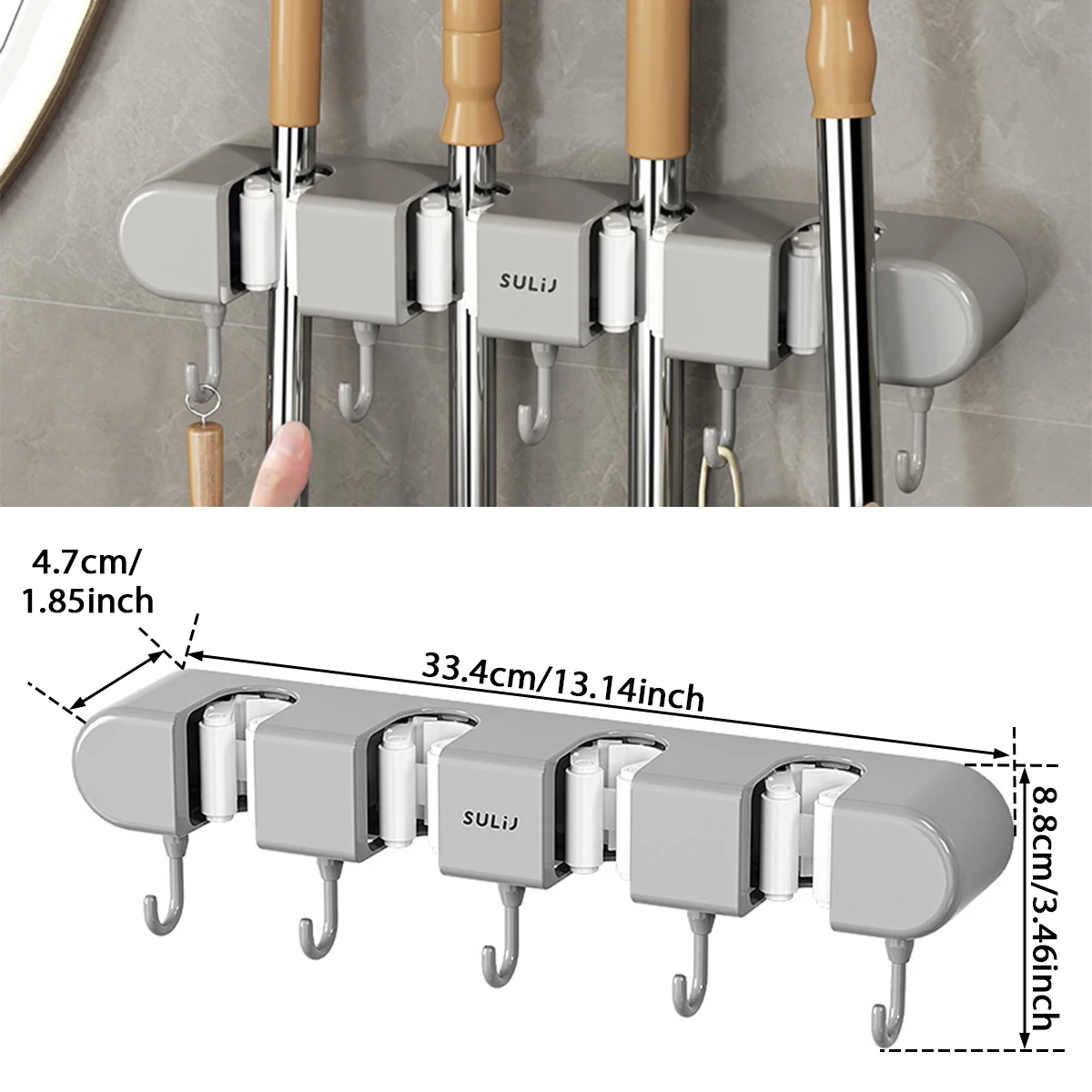 Broom Mop Holder with Hooks Wall Mounted Broom Storage Rack No Drilling Self-Adhesive Mop Broom Organizer for Bathroom