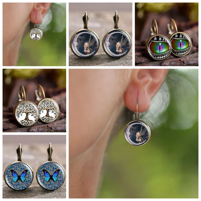 Hot Selling Popular Jewelry Dome Glass Alloy Earrings Moon Angel Retro Fashion Gift