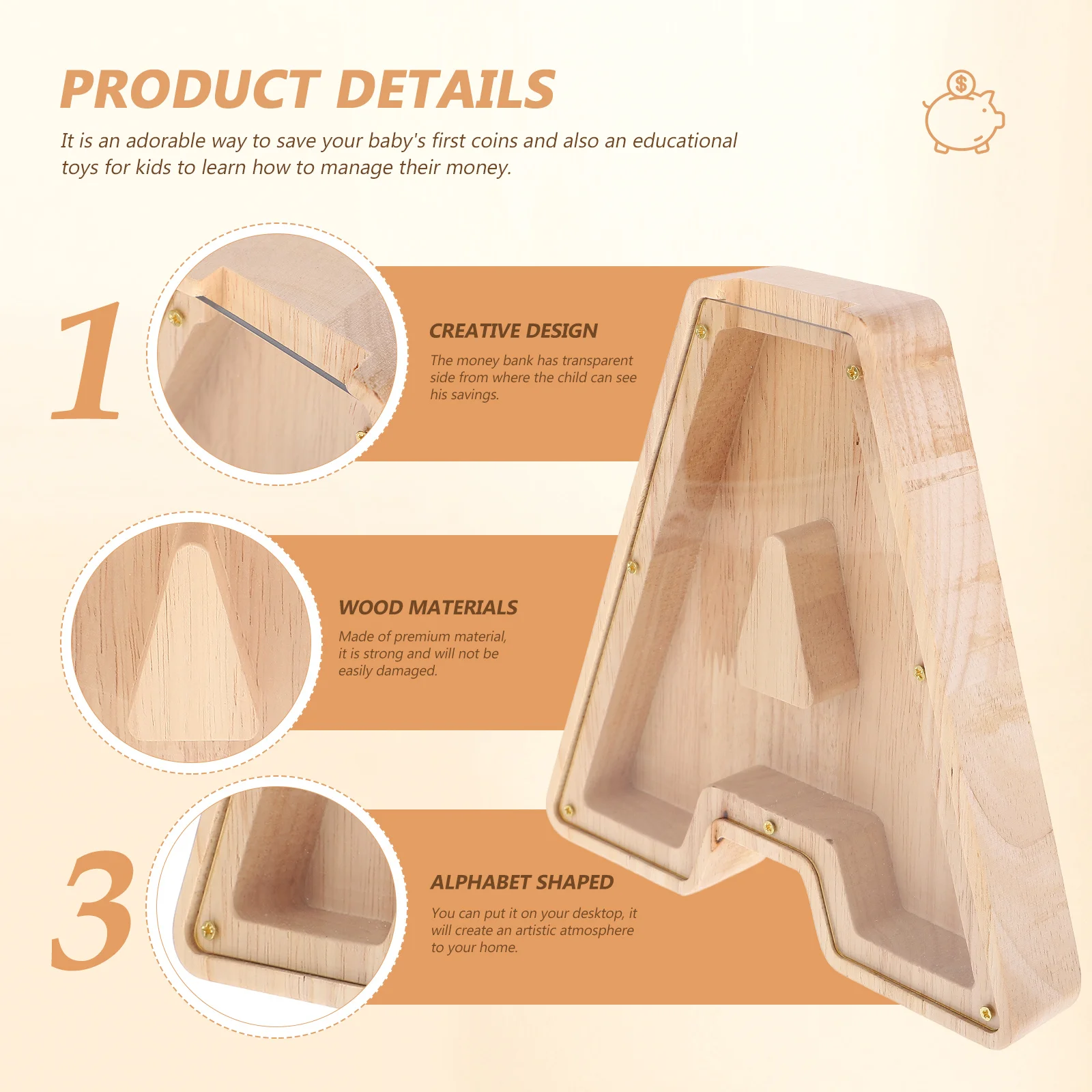 

Stylish Alphabet Coins Container Made of Quality Wood See-Through Saving Box for Kids Desktop Decoration Educational Present