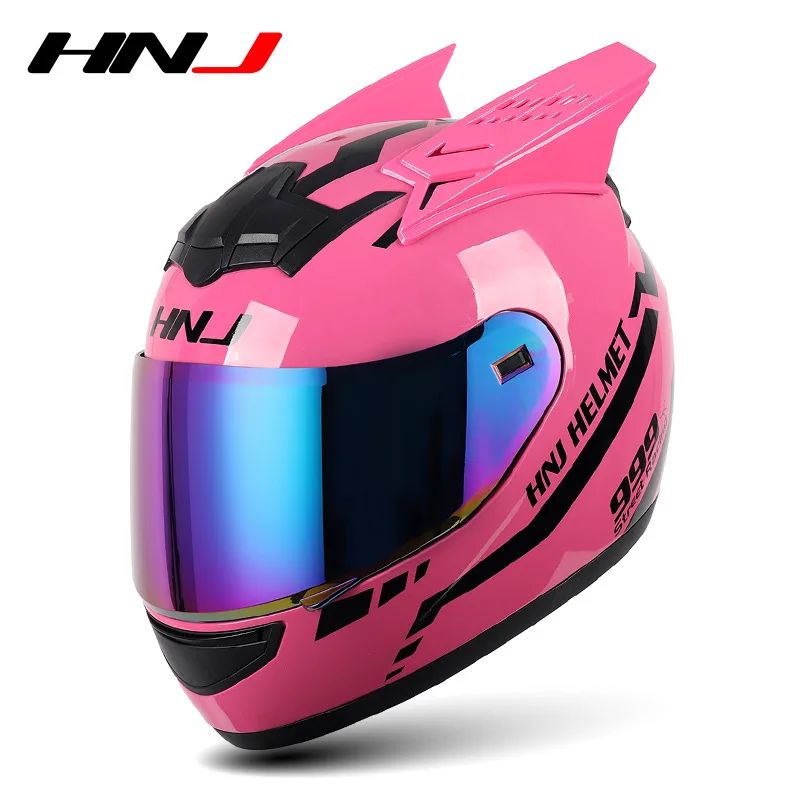 NONE Hnj Männer Motorrad helm Frauen Voll gesichts helm Reiten Persönlichkeit Horn rosa Helm Punkt Zertifizierung Casco Moto 8