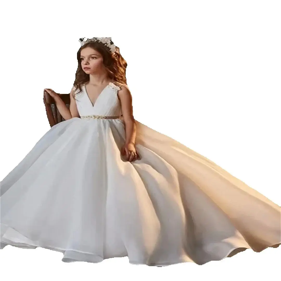 Communionkids Birthday Weddings Sleeveless Floor Length First Party Prom Dress White V-neck Simple Flower Girl Dresses