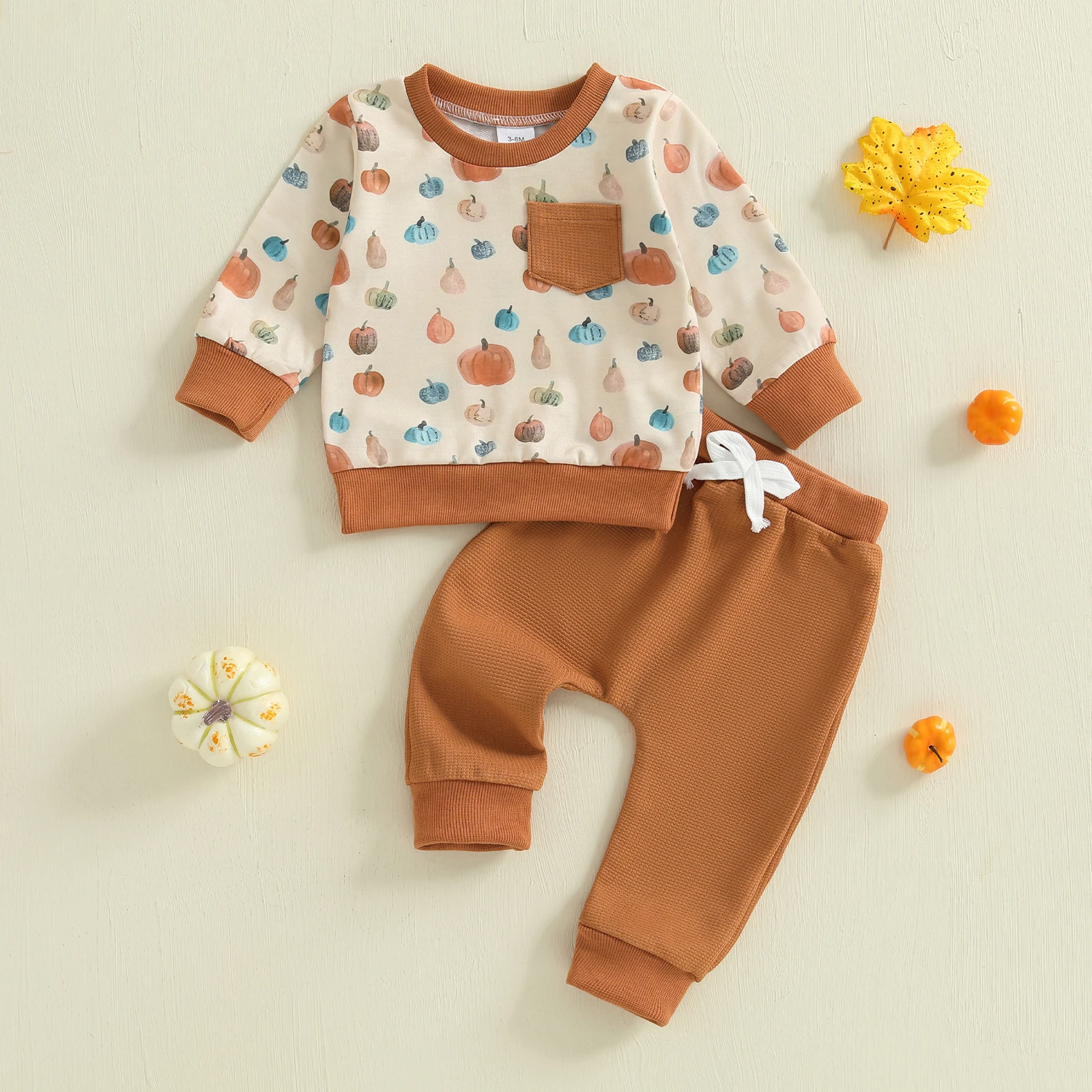 

0-3 Years Baby Boys Pants Set Long Sleeve Crew Neck Pumpkin Print Sweatshirt with Elastic Waist Sweatpants Halloween Clothes