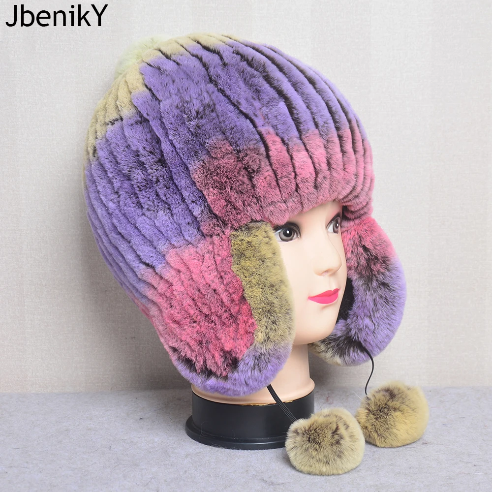 Winter Hats For Girls Luxury Women Winter Warm Fur Hat Real Rex Rabbit Cap Striped Knitted Hat With Balls Skulls Beanies