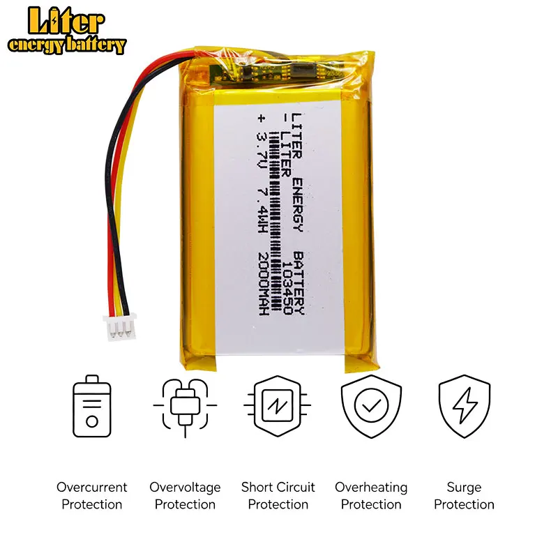 li-po 1.25mm connector 103450 3.7V 2000MAH lipo polymer lithium rechargeable battery GPS navigator DVD recorder headset e-book