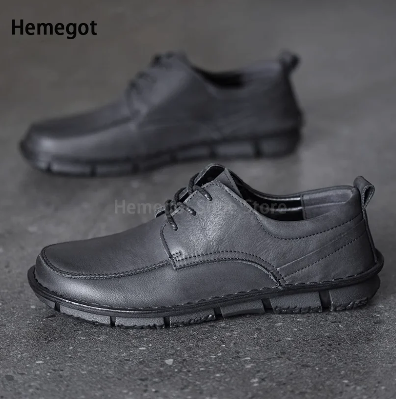 

Thick Soled Cowhide Shoes Black Leather Anti-Slip Men's Driving Shoes Wear-Resistant Breathable Solid Handmade Men's Shoes