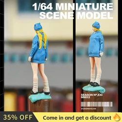 Kicarmod 1/64 Scale Model Figurine of the Girl has Two Ponytails Wearing Blue Coat and Blue hat in Scale Diecast Miniature model