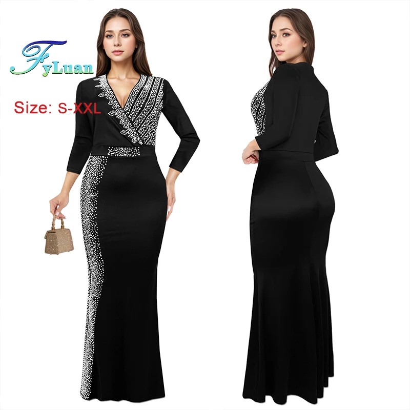 Robe longue portefeuille à la taille pour femmes, couleur unie, slim, décolleté en V profond, décoration pour dames, vêtements de dîner, offre spéciale