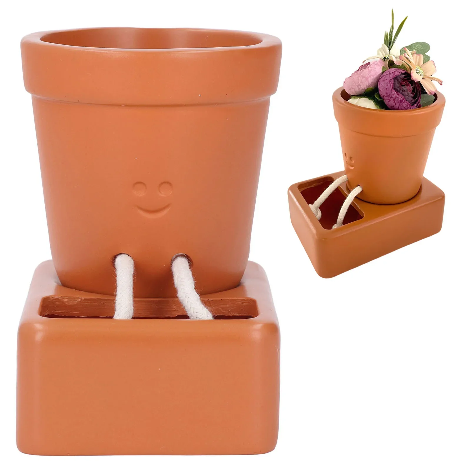 Self Watering Smiling Face Planter Resin Sitting Succulent Planter Flower Pot for Indoor Outdoor Decoration