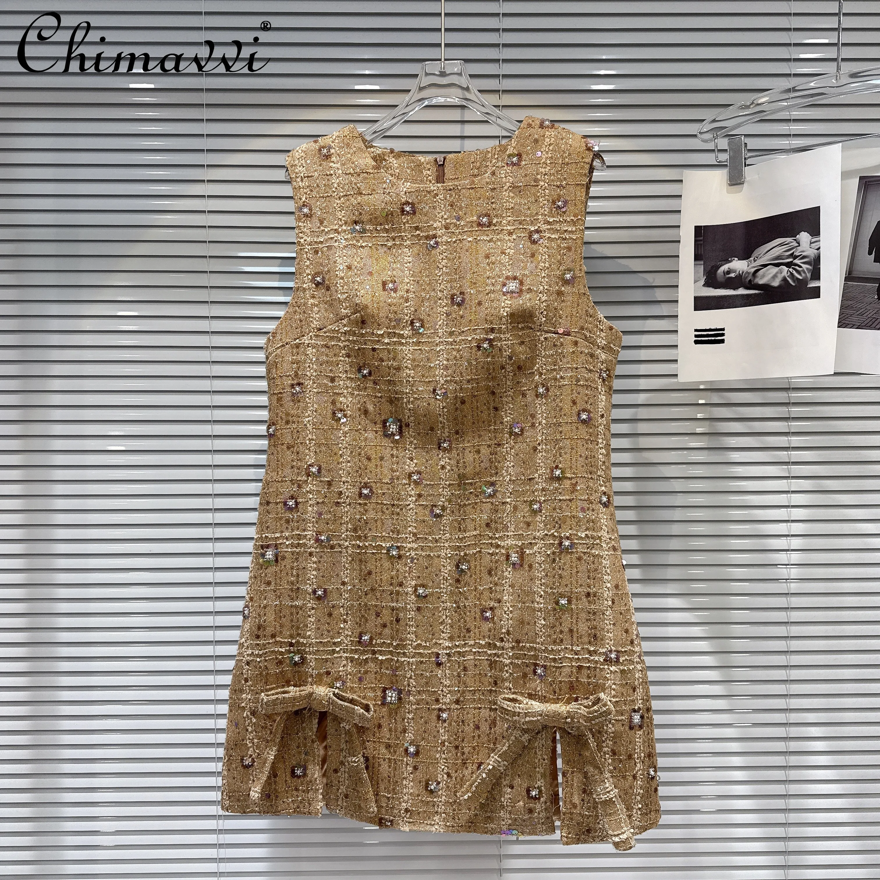 French Elegant Fashion Socialite Sleeveless Dress Sequin Bow Round Neck Slim Fit A-line Tweed Short Tank Dress for Women Autumn