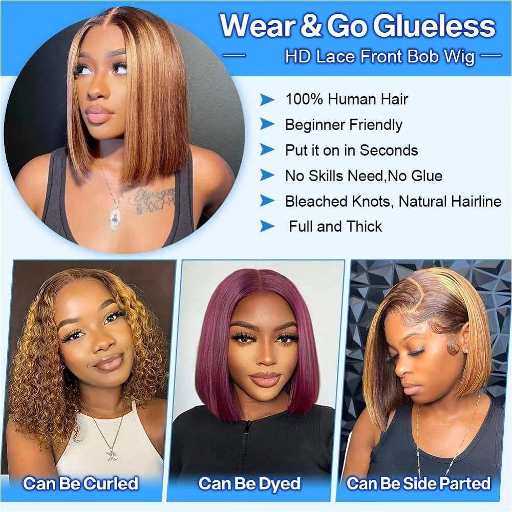 4/27 Highlight Bob Wigs 6X4 Human Hair Wear and Go Glueless Ombre Highlight Bob Lace Wigs Human Hair Pre Plucked Pre Cut Lace