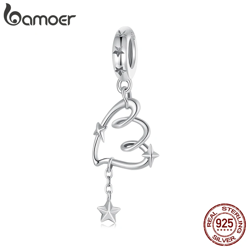 BAMOER Solid 925 Sterling Silver Heart Love & Star Charm Pendant fit Original Bracelet & Necklaces Jewelry DIY bamoer Charm