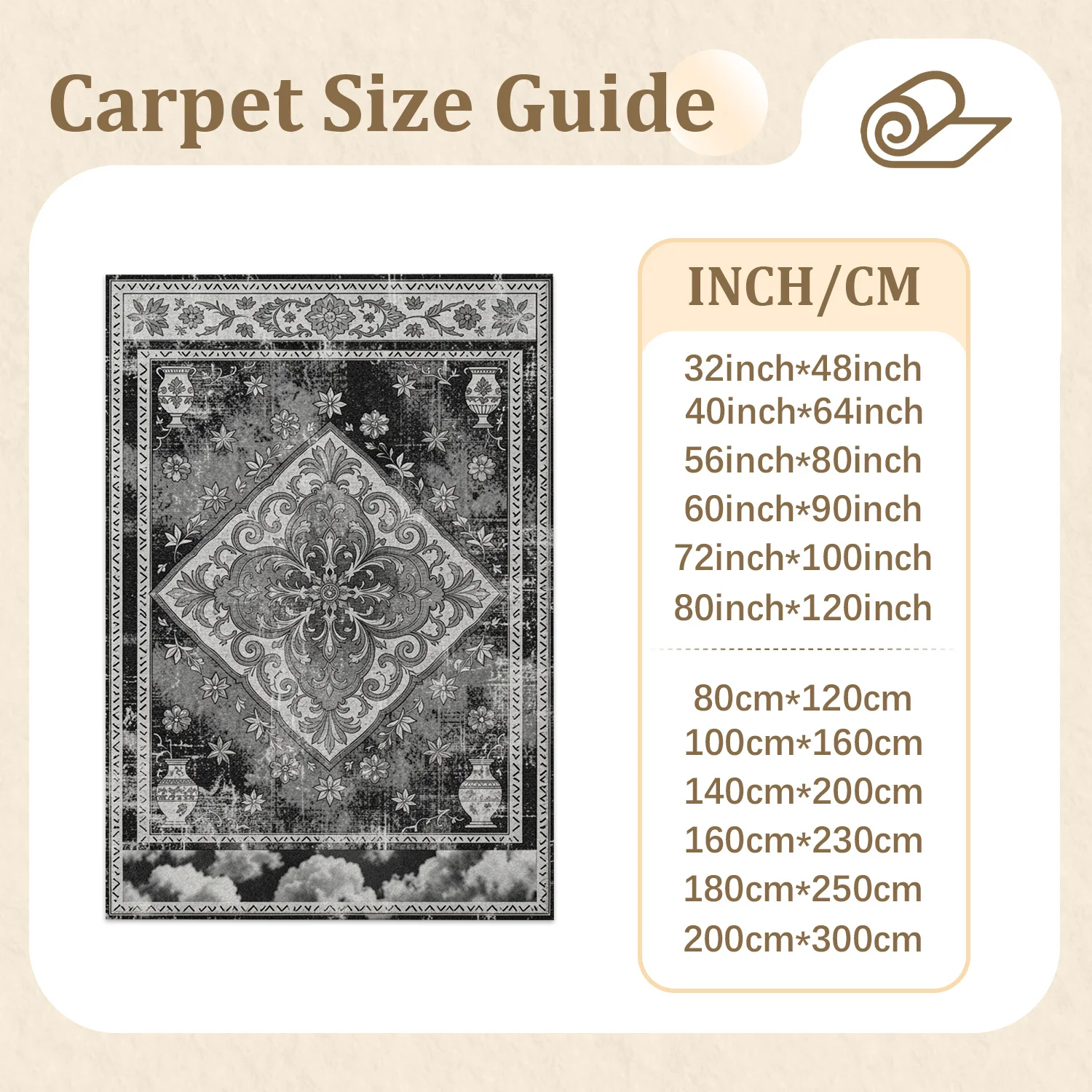 Vintage Medallion Floral Vase Pattern Area Rug, Soft Velvet Machine Washable Floor Rug for Living Room, Bedroom, Dining Space, Ideal for Halloween, Thanksgiving, Christmas, New Year, Black Friday, Cyber Monday Home Decor
