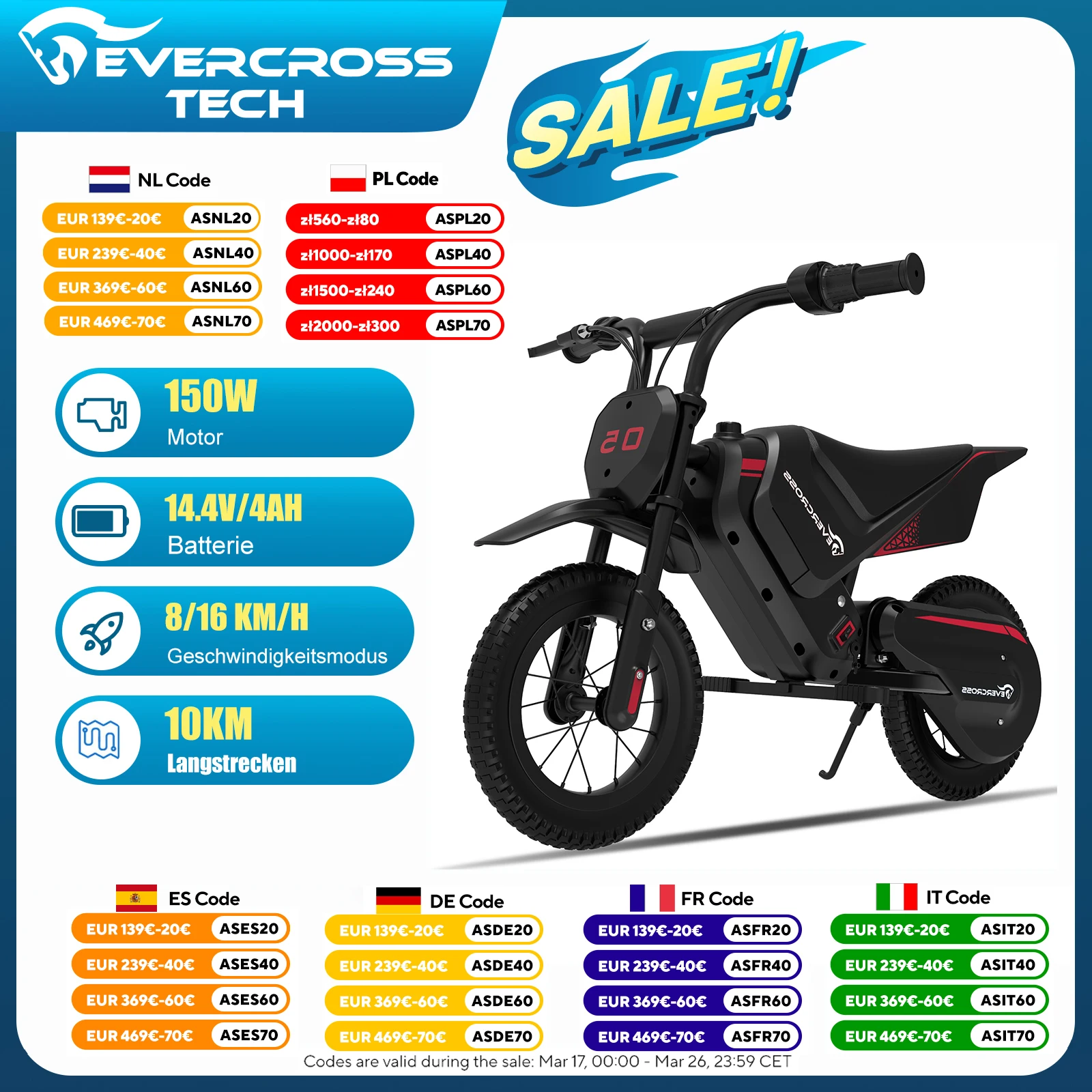 EVERCROSS TECH Moto Elettrica per Bambini, 150W, Velocità Regolabile 8/16 km/h, Autonomia Fino a 10