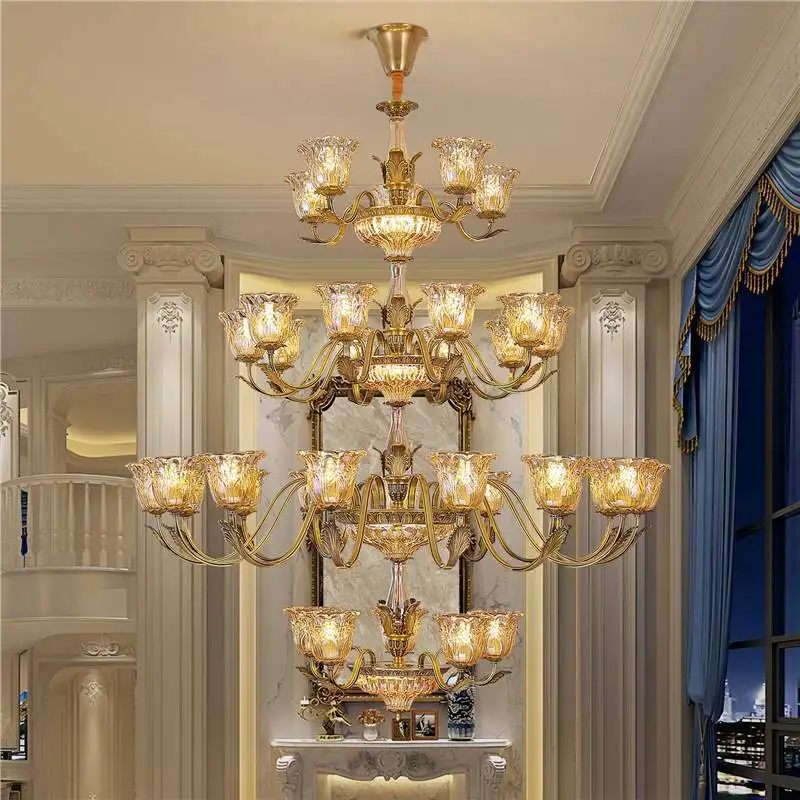 @All copper retro living room chandelier high-end dining room bedroom light villa duplex floor