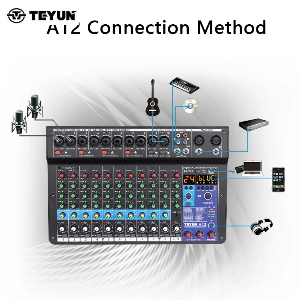 

TEYUN A12 Channel Audio Mixer Professional Portable Mixer Sound Table Board Digital MP3 Computer Input 48v Power Number A6 A8