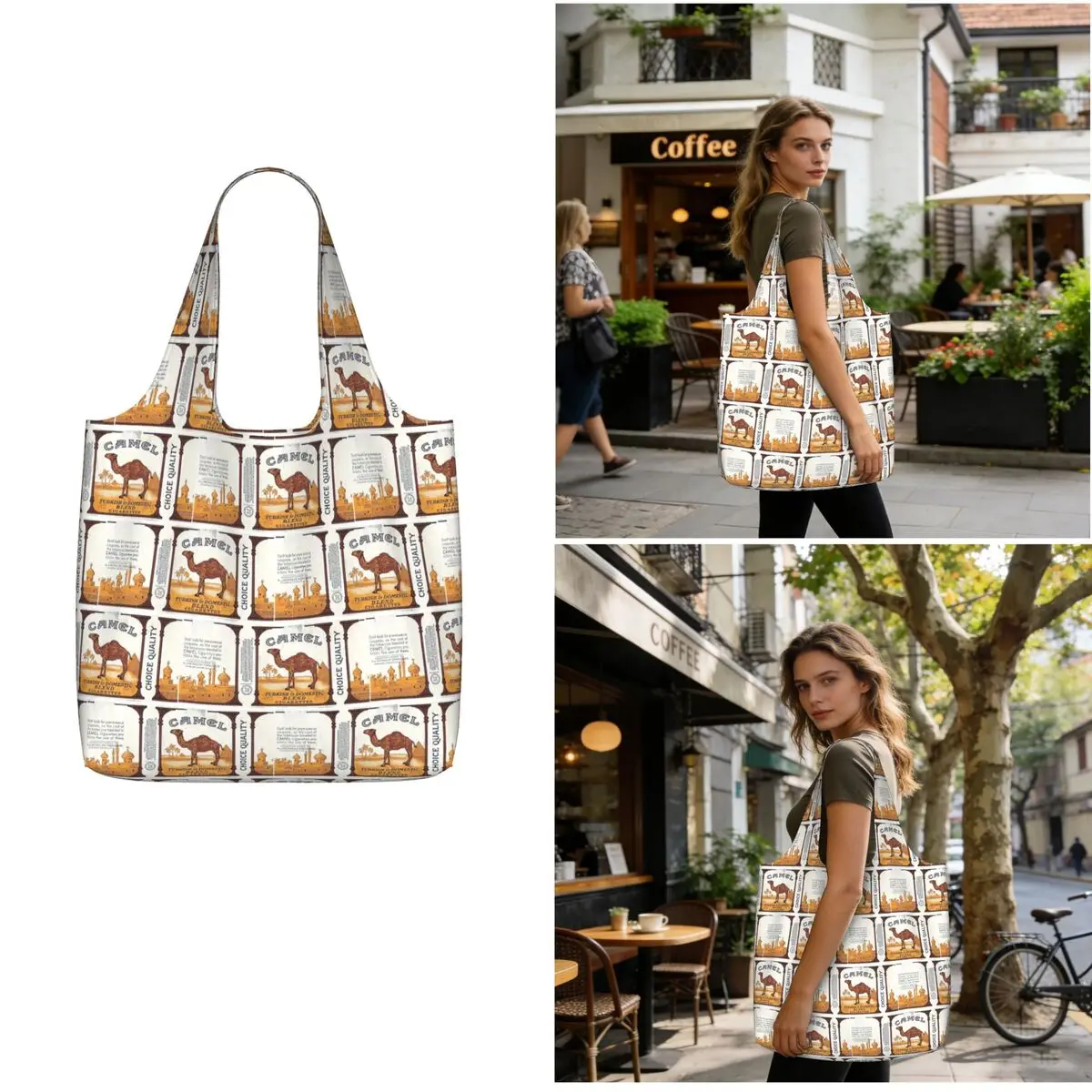 Bolsa de Compras de Lona con Diseño de Cigarrillos Camel Vintage, Bolsa de Hombro de Gran Capacidad, Bolso de Mano para Mujer