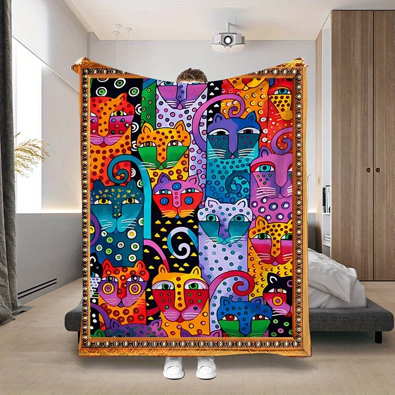 Strange Cat Funny Cartoon Pattern Blanket, Flannel Blanket for Sofa, Office, Bed Blanket, Camping and Travel All Seasons Gift