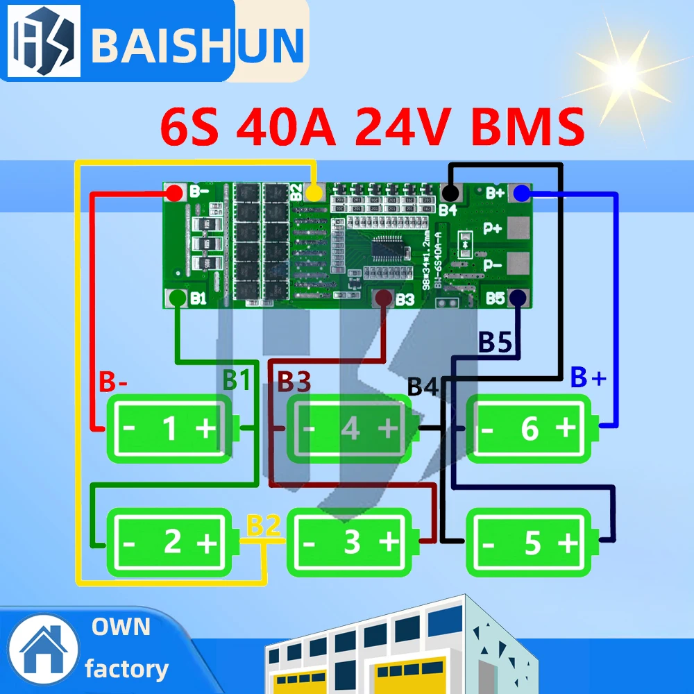 6S 40A 12mos 24V 18650 Li-Ion Lithium Battery Protect Board Solar Lighting Bms Pcb With Balance For Ebike Scooter