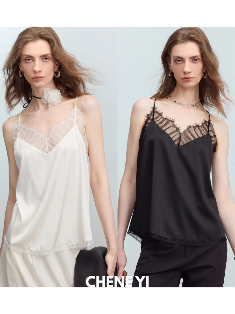 

Шелковый шифоновый женский топ-майка Chenye, плотный, 9 мм, из одинарного слоя шелка, с кружевным дизайном, летний, модный