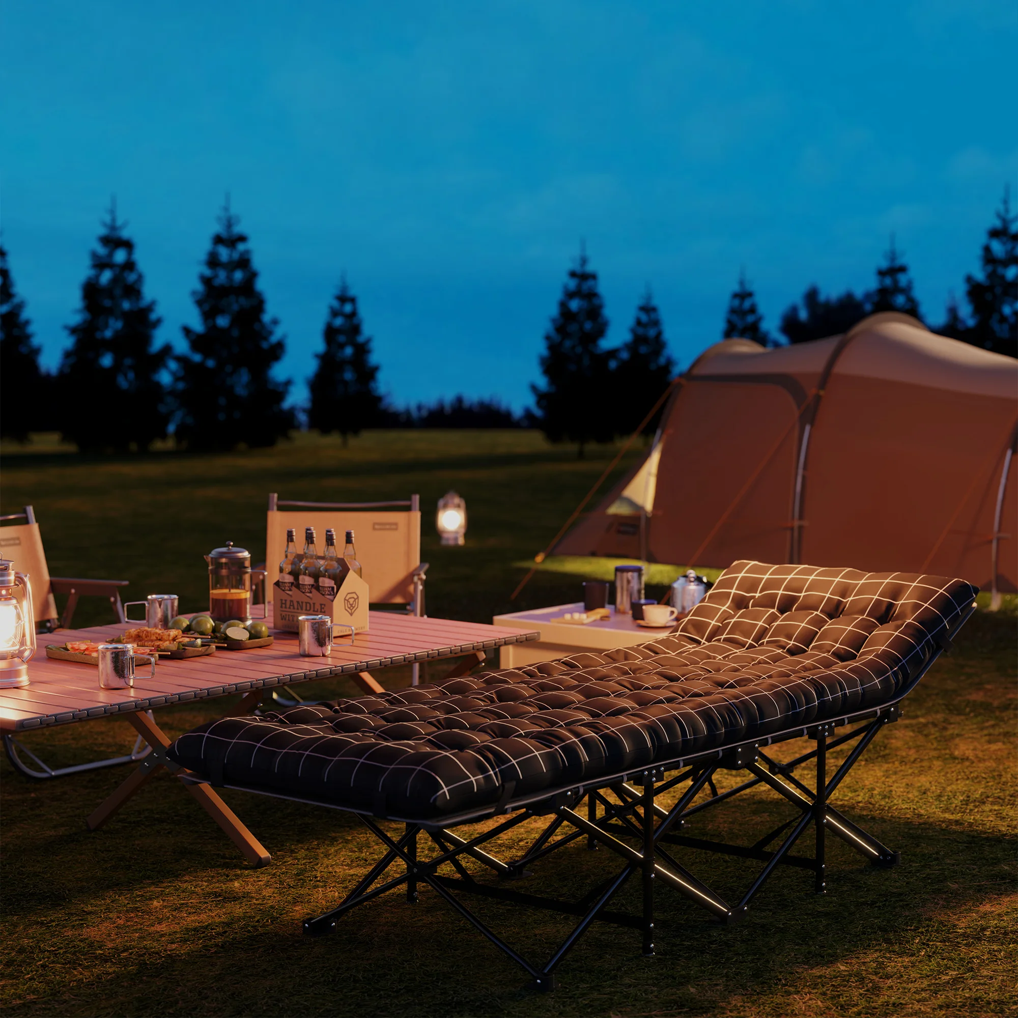 Cama plegable para acampar, colchón, ergonómica, estructura metálica, negra