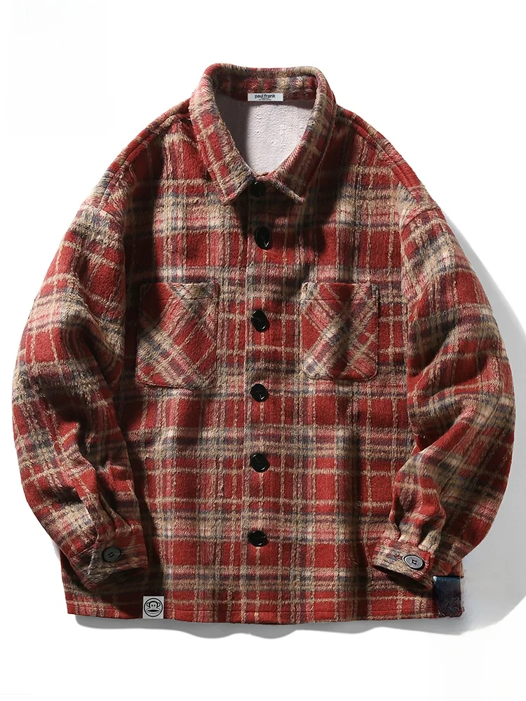 

PaulFrank Large Mouth Monkey Red Plaid Loose Long Sve irt Spring 2026 Men's Turn-down Collar Casual Faionable