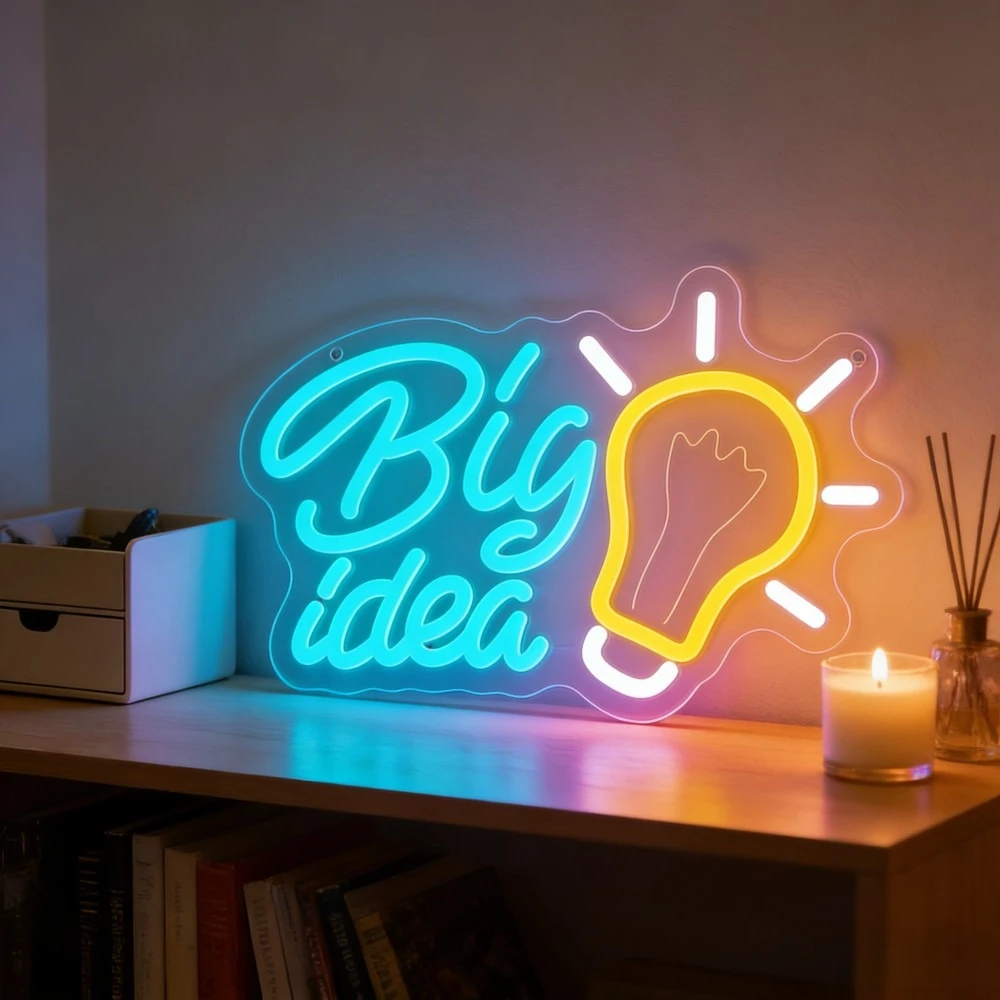 

Светодиодная неоновая вывеска Big Idea Light Bulb для креативного декора дома, офиса, студии, вдохновляющее мотивационное настенное искусство, атмосферный ночник