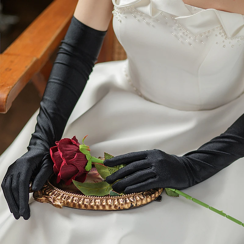 WG068 Wedding Bridal Black Finger Gloves Full Long Satin Brides Bridesmaid Prom Evening Parties Gloves Women Handschuh