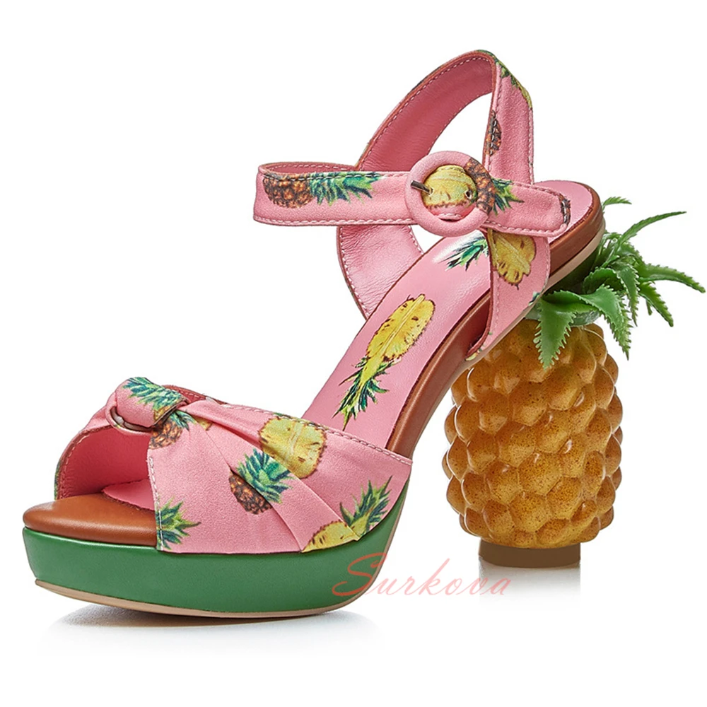 

Pineapple Heel Print Open Toe Sandals Ankle Belt Slingback Sandals Shaped High Heel Sandals Sweet Lady Shoes Women Beach Sandals