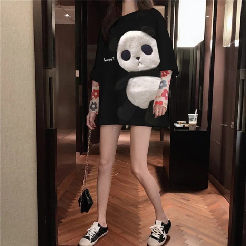 COSAIDI Women Casual Loose O-Neck T Shirt Ladies Panda Cartoon Embroidered Short Sleeve T-Shirt Women\'s Clothing Tops