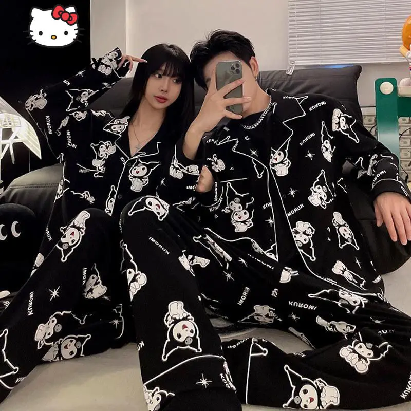 Sanrio Kuromi Cartoon Couple Pajamas Women Men Spring Autumn Cotton Long Sleeve Top Shirt Pants 2 Piece Set Y2k Sleepwear Suit