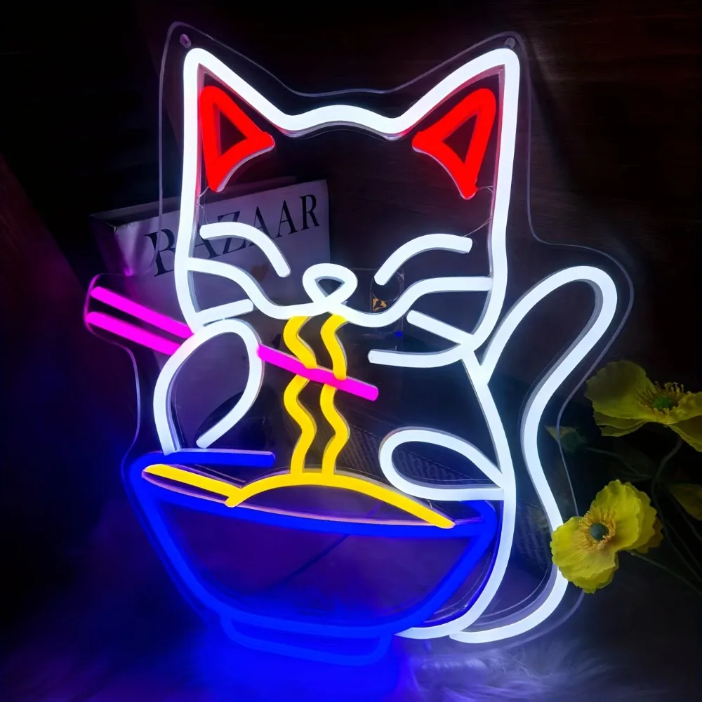 Cartoon Cat Ramen Neon Sign, Suitable for Home Rooms Wall Decor, Cartoon Cat Art Decoration, Lights of Restaurants&Noodle Shops