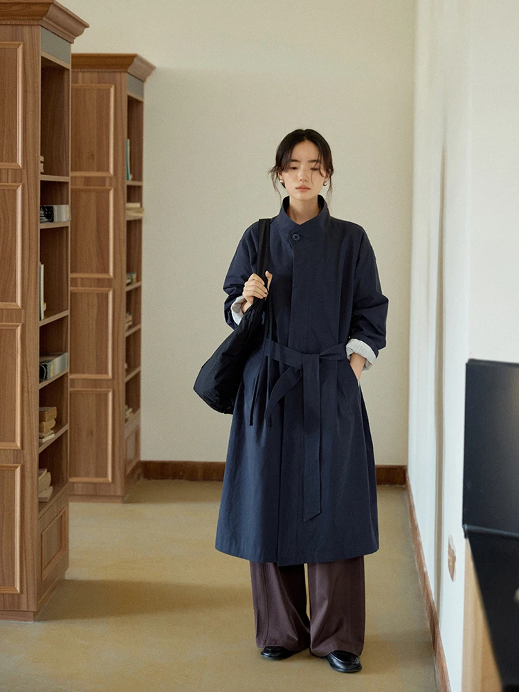 

Nomumad Autumn Winter Women's Stand Collar Midi Length Jaet Ele Casual Small Size Cotton Linen Blend Long Sve Coat