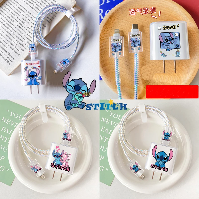 Kawaii Disney Anime Stitch kabel do transmisji danych IPhone zestaw ochronny ładowarki odpowiednia ładowarka 18/20 w Cute Cartoon zapobiegająca