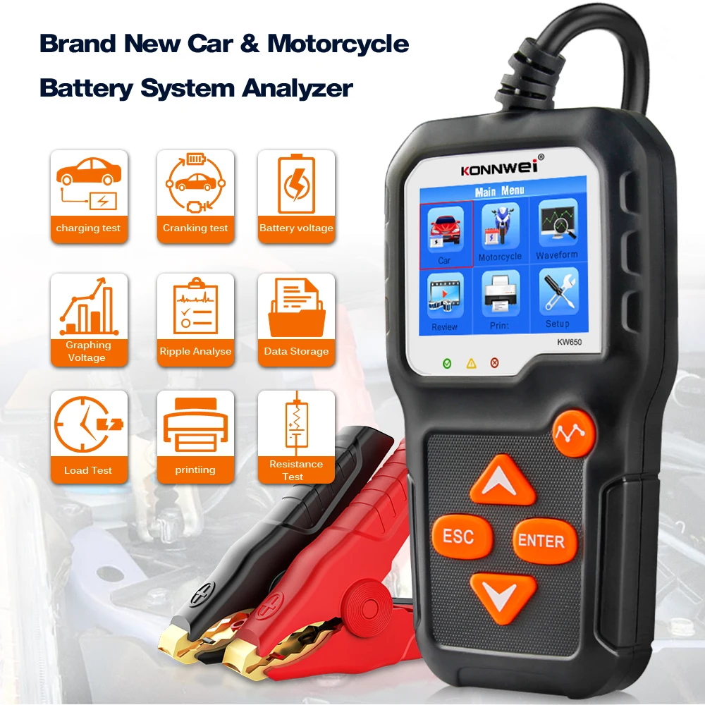 KONNWEI KW650 Car Motorcycle Battery Tester 12V 6V Battery System Analyzer 2000CCA Charging Cranking Test Tools for the Car