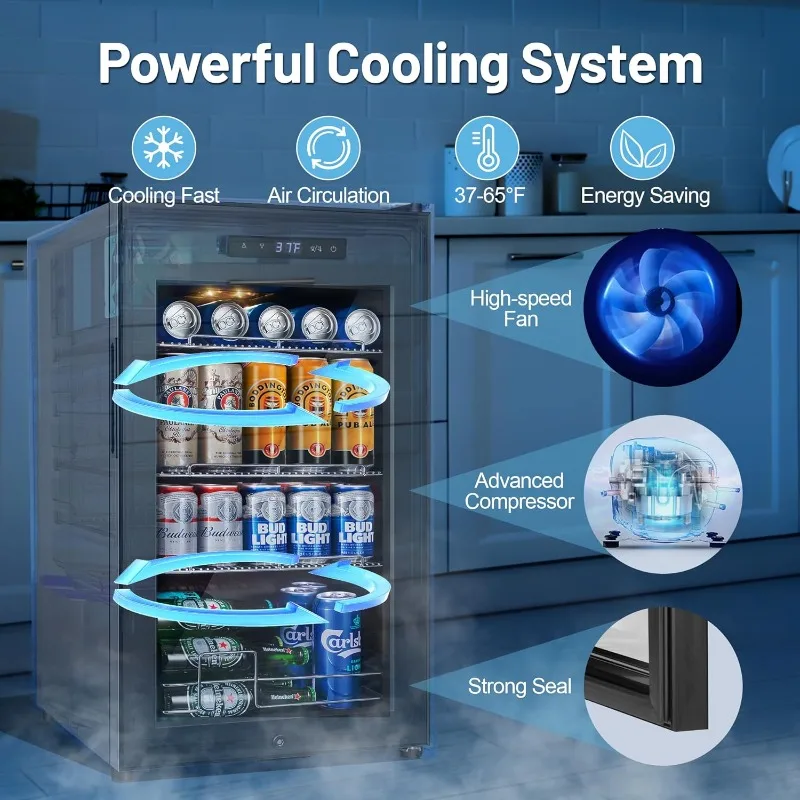 مبرد ثلاجة المشروبات، ثلاجة صغيرة قائمة بذاتها مقاس 17 بوصة و120 علبة مع باب زجاجي، وأرفف قابلة للتعديل وإضاءة LED #3