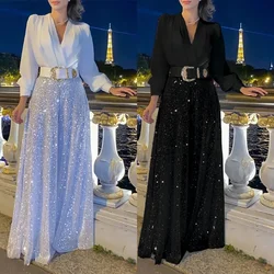 Women's Jumpsuit Fashion V-neck Long Sleeved Shirt with Elegant Temperament Slim Waist and Sequin Wide Leg Pants Autumn 2024